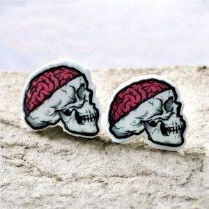 Pair Cute Skull & Brains Acrylic Stud Earrings - Morbid, Halloween, Horror Scary